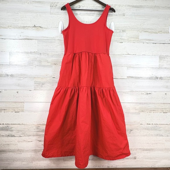 J. Crew Dresses & Skirts - J.Crew Womens Red Tiered Mixed Media Midi Dress Sleeveless Pockets Size Large